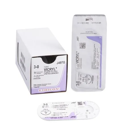 J&J - Coated Vicryl - J497G - Absorbable Suture with Needle Coated Vicryl Polyglactin 910 PS-2 3/8 Circle Precision Reverse Cutting Needle Size 3 - 0 Braided