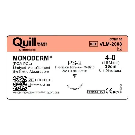 Surgical Specialties - Quill Variable Loop Device  Monoderm - VLM-2008 - Absorbable Suture With Needle Quill Variable Loop Device, Monoderm Polyglycolic Acid / Pcl 3/8 Circle Reverse Cutting Needle Size 4 - 0 Barbed Monofilament