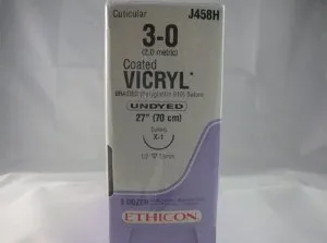 J & J Healthcare Systems - Coated Vicryl - J458h - Absorbable Suture With Needle Coated Vicryl Polyglactin 910 X-1 1/2 Circle Reverse Cutting Needle Size 3 - 0 Braided