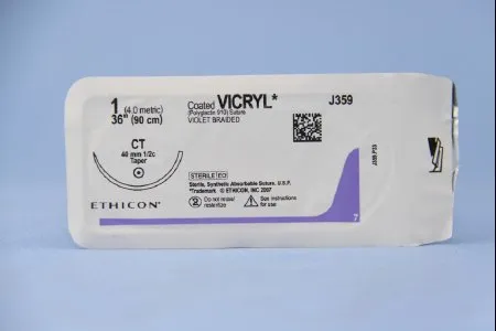 J & J Healthcare Systems - Coated Vicryl - J359H - Absorbable Suture With Needle Coated Vicryl Polyglactin 910 Ct 1/2 Circle Taper Point Needle Size 1 Braided