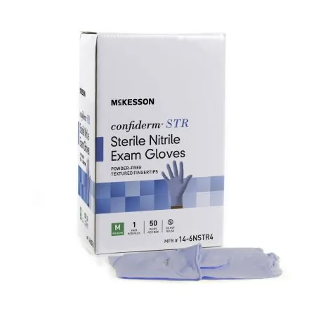 McKesson - 14-6NSTR4 - Confiderm STR Exam Glove Confiderm STR Medium Sterile Pair Nitrile Standard Cuff Length Textured Fingertips Blue Not Rated