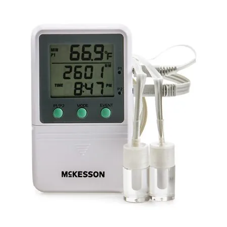 McKesson - MCK821RFV2 - Digital Refrigerator / Freezer Thermometer with Alarm McKesson Fahrenheit / Celsius -58° to +158°F (-50° to +70°C) 2 Glycol Bottle Probes Multiple Mounting Options Battery Operated