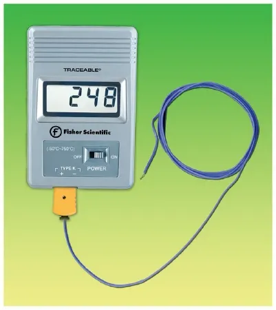 Fisher Scientific - Fisherbrand Traceable - 1464981 - Digital Thermometer Fisherbrand Traceable Fahrenheit / Celsius -58° to +1382° F (-50° to +750°C) Type K Beaded Probe Battery Operated