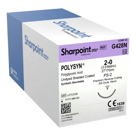 Surgical Specialties - PolySyn - G428N - Absorbable Suture With Needle Polysyn Polyglycolic Acid Ps-2 3/8 Circle Precision Reverse Cutting Needle Size 2 - 0 Braided