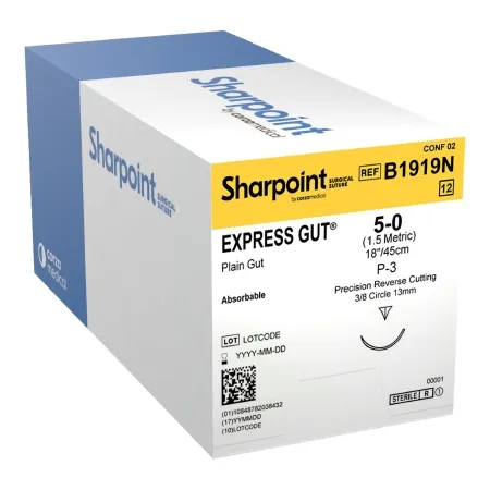 Surgical Specialties - B1919N - Suture, 5-0, EXPRESS Gut, Plain, Natural, 18", Precision Reverse Cutting, 13mm, 3/8 Circle, P-3 Needle, 12/bx