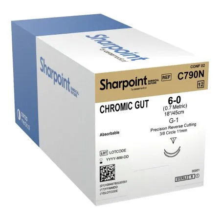 Surgical Specialties - Sharpoint Plus - C790N - Absorbable Suture With Needle Sharpoint Plus Chromic Gut G-1 3/8 Circle Precision Reverse Cutting Needle Size 6 - 0