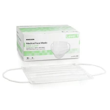 McKesson - 91-2103 - Procedure Mask Pleated Earloops One Size Fits Most White NonSterile ASTM Level 1 Adult