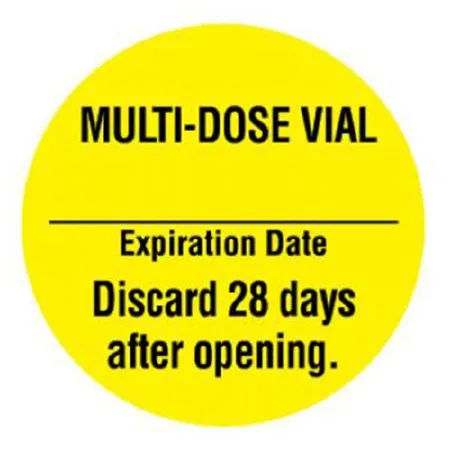 United Ad Label - UAL - ULPH229 - Pre-Printed Label UAL Auxiliary Label Yellow Paper Multi-Dose Vial Expiation Date Discard 28 Days after opening Black Syringe Label 1 Inch Diameter