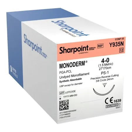 Surgical Specialties - Monoderm - Y935N - Absorbable Suture With Needle Monoderm Polyglycolic Acid / Pcl Ps-1 3/8 Circle Reverse Cutting Needle Size 4 - 0 Monofilament