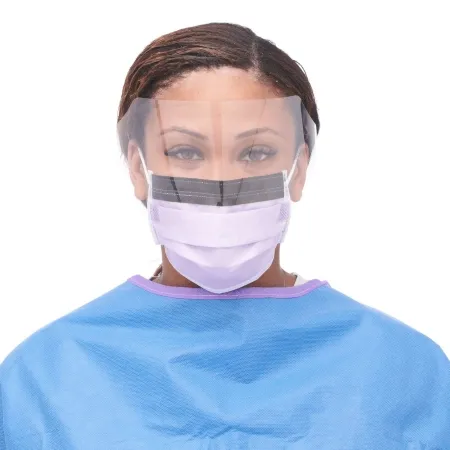 Medline - NON27410EL - Procedure Mask With Eye Shield Anti-fog Foam Pleated Earloops One Size Fits Most Purple Nonsterile Astm Level 3 Adult