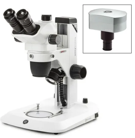 Globe Scientific - Nexius Zoom EVO - ENZ-1703-S-DC18 - Nexius Zoom Evo Stereo Microscope Bundle Trinocular Head Plan Achromatic 0.65x To 5.5x Zoom With Clip Stops 120 To 240vac Plain Stage With Clips And Clear Plates