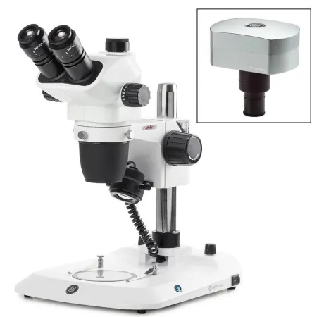 Globe Scientific - Nexius Zoom EVO - ENZ-1703-P-DC18 - Nexius Zoom Evo Stereo Microscope Bundle Trinocular Head Plan Achromatic 0.65x To 5.5x Zoom With Clip Stops 120 To 240vac Plain Stage With Clips And Clear Plates