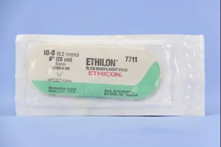 J & J Healthcare Systems - Ethilon - 7711g - Nonabsorbable Suture With Needle Ethilon Nylon Tg160-4-3m 1/2 Circle Spatula Needle Size 10 - 0 Monofilament