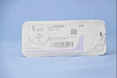 J&J - Coated Vicryl - J978H - Absorbable Suture with Needle Coated Vicryl Polyglactin 910 CTX 1/2 Circle Taper Point Needle Size 0 Braided