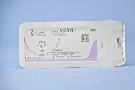 J&J - Coated Vicryl - J880T - Absorbable Suture with Needle Coated Vicryl Polyglactin 910 TP-1 1/2 Circle Taper Point Needle Size 2 Braided
