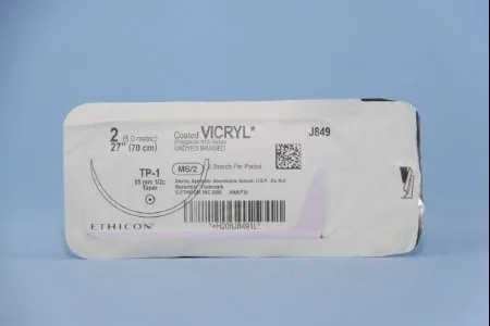 J&J - Coated Vicryl - J849G - Absorbable Suture with Needle Coated Vicryl Polyglactin 910 TP-1 1/2 Circle Taper Point Needle Size 2 Braided