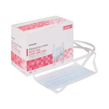 McKesson - 91-1100 - Surgical Mask Pleated Tie Closure One Size Fits Most Blue NonSterile ASTM Level 1 Adult