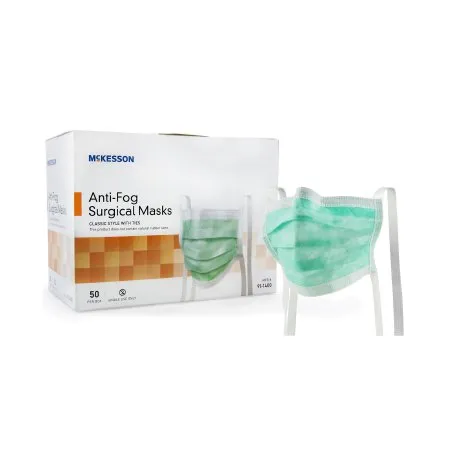 McKesson - 91-1400 - Surgical Mask Anti fog Pleated Tie Closure One Size Fits Most Green NonSterile ASTM Level 1 Adult