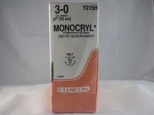 J&J - Monocryl - Y215H - Absorbable Suture with Needle Monocryl Poliglecaprone RB-1 1/2 Circle Taper Point Needle Size 3 - 0 Monofilament