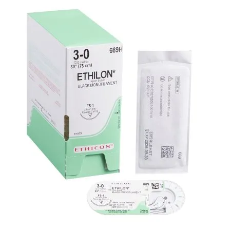 J & J Healthcare Systems - Ethilon - 669H - Nonabsorbable Suture With Needle Ethilon Nylon Fs-1 3/8 Circle Reverse Cutting Needle Size 3 - 0 Monofilament