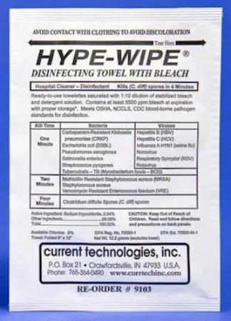 Fisher Scientific - HYPE-WIPES - 1441256 - Hype-wipes Surface Disinfectant Premoistened Manual Pull Wipe 100 Count Individual Packet Bleach Scent Nonsterile
