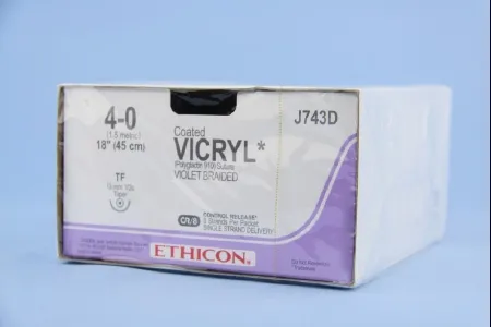 J & J Healthcare Systems - Coated Vicryl - J743D - Absorbable Suture With Needle Coated Vicryl Polyglactin 910 Tf 1/2 Circle Taper Point Needle Size 4 - 0 Braided