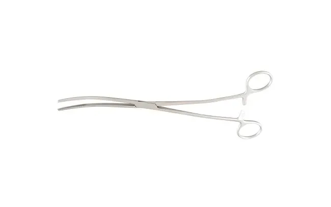 McKesson - 43-2-374 - Dressing Forceps McKesson Bozeman 10-1/2 Inch Length Office Grade Stainless Steel NonSterile Ratchet Lock Finger Ring Handle Double Curved Serrated Tips