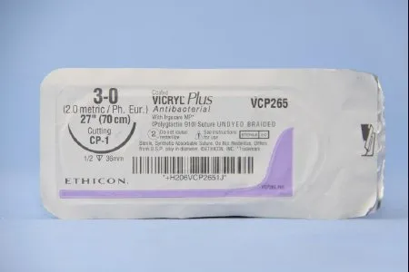 J & J Healthcare Systems - Coated Vicryl Plus - VCP265H - Absorbable Antibacterial Suture With Needle Coated Vicryl Plus Polyglactin 910 With Irgacare Mp Antibacterial Suture Cp-1 1/2 Circle Reverse Cutting Needle Size 3 - 0 Braided