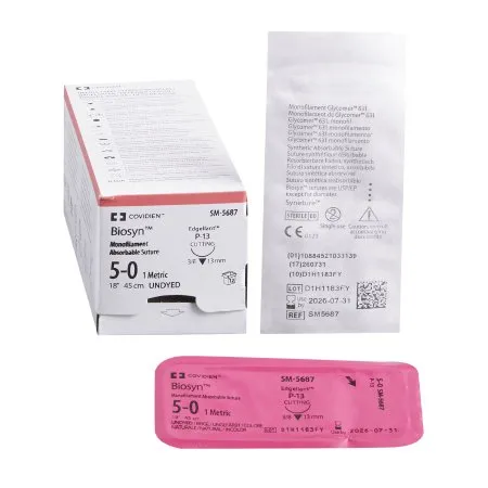Covidien - Biosyn - SM-5687 - Absorbable Suture With Needle Biosyn Polyester P-13 3/8 Circle Precision Reverse Cutting Needle Size 5 - 0 Monofilament