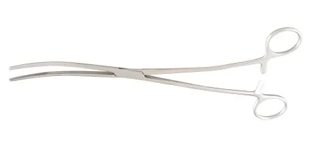 McKesson - 43-2-374 - Dressing Forceps McKesson Bozeman 10-1/2 Inch Length Office Grade Stainless Steel NonSterile Ratchet Lock Finger Ring Handle Double Curved Serrated Tips