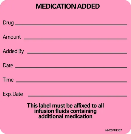 Precision Dynamics - MedVision - MV05FR1367 - Pre-Printed Label MedVision Advisory Label Fluorescent Red Paper MEDICATION ADDED NAME____ ROOM NO.__ DATE__ Amount_Added by_Date_Time_Exp Date_ Black Medication Name 2-1/2 X 2-7/16 Inch