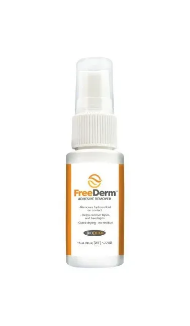 Bioderm - Other Brands - 52200 - FreeDerm Adhesvive Remover, 1 fluid ounce (30 mL) pump spray bottle. FreeDerm is specially formulated to instantly remove hydrocolloids, tapes and bandages and evaporates rapidly leaving no residue.