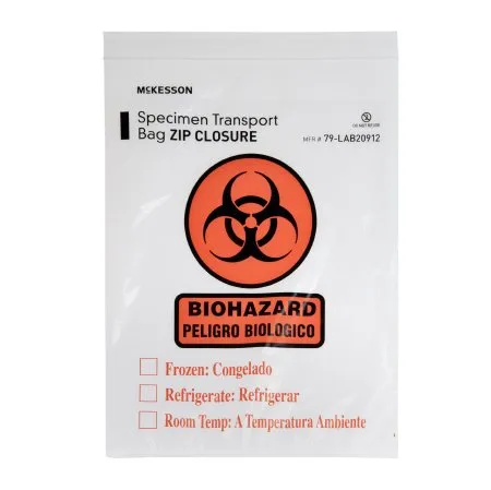 McKesson - 79-LAB20912 - Specimen Transport Bag with Document Pouch 9 X 12 Inch Zip Closure Biohazard Symbol / Storage Instructions NonSterile