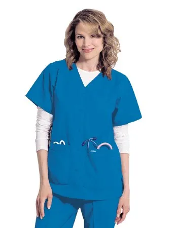 Landau Uniforms - 8232BNPXLG - Scrub Shirt X-large Navy Blue 4 Pockets Short Set-in Sleeve Female