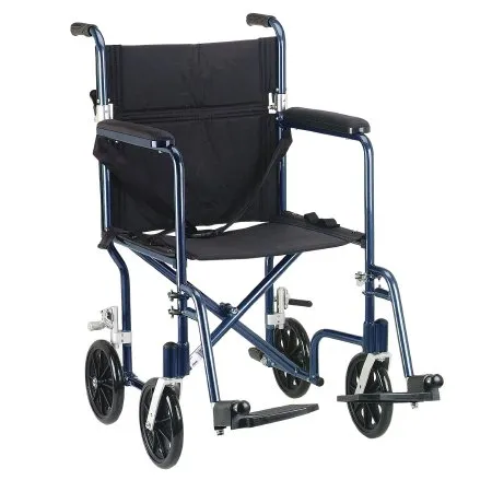 Drive Medical - FW19BL - Lightweight Transport Chair Aluminum Frame with Blue Finish 300 lbs. Weight Capacity Fixed Height / Padded Arm Black Upholstery