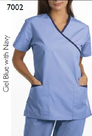 Fashion Seal Uniforms - 7002-S - Scrub Shirt Small Ceil Blue / Navy 2 Pockets Short Set-in Sleeve Female