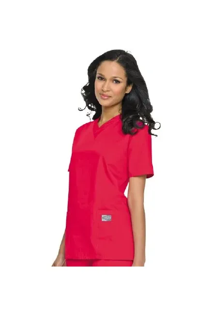 Landau Uniforms - 70221REDMED - Scrub Shirt Medium Red 3 Pockets Short Set-in Sleeve Female
