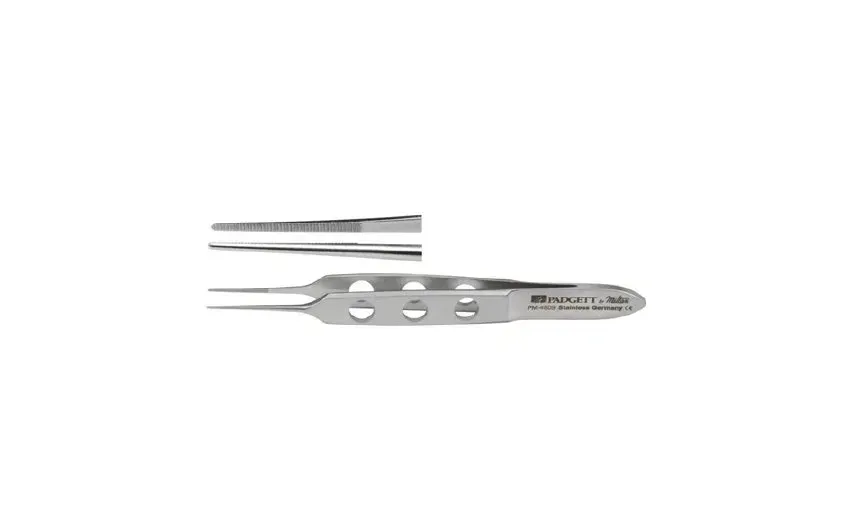 Integra Lifesciences - Padgett - PM-4809 - Dressing Forceps Padgett Bishop-Harmon-Iris 3-1/4 Inch Length Surgical Grade Stainless Steel NonSterile NonLocking Fenestrated Thumb Handle Straight 0.6 mm Serrated Tips