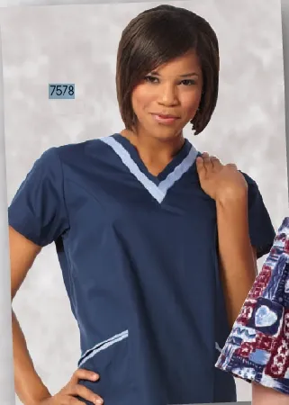 Fashion Seal Uniforms - 7578-L - Scrub Shirt Large Ceil Blue / Navy 2 Pockets Short Set-in Sleeve Female