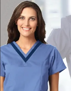 Fashion Seal Uniforms - 7575-M - Scrub Shirt Medium Ceil Blue / Navy 2 Pockets Short Set-in Sleeve Female