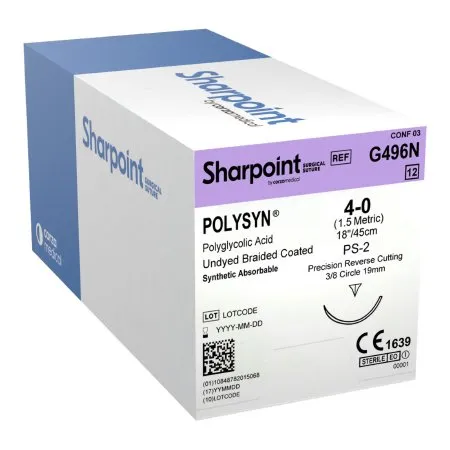 Surgical Specialties - Polysyn - G496n - Absorbable Suture With Needle Polysyn Polyglycolic Acid 3/8 Circle Precision Reverse Cutting Needle Size 4 - 0 Braided