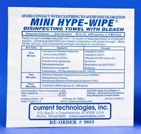Current Technologies - Mini Hype-Wipe - 9803 - Mini Hype-Wipe Surface Disinfectant Premoistened Manual Pull Wipe 100 Count Individual Packet Bleach Scent Nonsterile