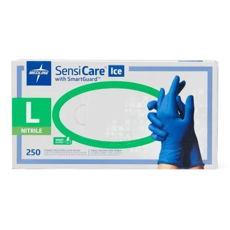 Medline - SensiCare Ice with SmartGuard - MDS6803 - Exam Glove Sensicare Ice With Smartguard Large Nonsterile Nitrile Standard Cuff Length Textured Fingertips Blue Chemo Tested