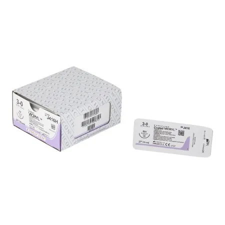 J&J - Coated Vicryl - J416H - Absorbable Suture with Needle Coated Vicryl Polyglactin 910 SH 1/2 Circle Taper Point Needle Size 3 - 0 Braided