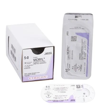 J&J - Coated Vicryl - J493G - Absorbable Suture with Needle Coated Vicryl Polyglactin 910 P-3 3/8 Circle Precision Reverse Cutting Needle Size 5 - 0 Braided