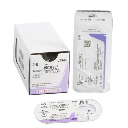 J & J Healthcare Systems - Coated Vicryl - From: J416H To: J494G - J&J  Absorbable Suture with Needle  Polyglactin 910 P 3 3/8 Circle Precision Reverse Cutting Needle Size 4 0 Braided