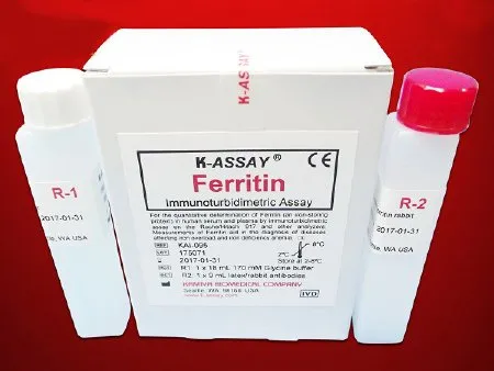 Kamiya Biomedical - K-ASSAY - KAI-095 - Reagent Kit K-ASSAY Anemia Assay / Nutritional Assessment Ferritin For use with Roche / Hitachi 917 or other Chemistry Analyzers 111 Tests R1 Buffer: 1 X 18 mL  R2 Antibody: 1 X 9 mL