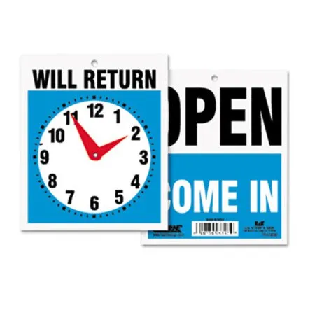 Headline Sign - USS-9382 - Double-sided Open/will Return Sign With Clock Hands, Plastic, 7.5 X 9