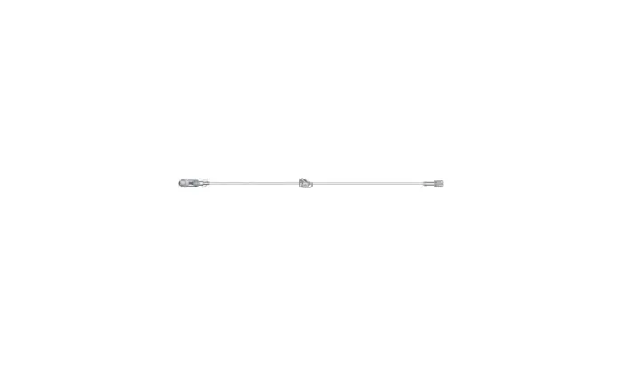 Amsino - AE3108 - Standard Bore IV Extension Set, 8" Length, 1.2 mL Priming Volume, 1 AMSafe Needle-Free Connector, Roberts Clamp, Rotating Male Luer Lock, PE Poly Pouch, 100/cs