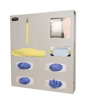 Bowman - PS012-0512 - Manufacturing CompanyProtection Organizer, All Aluminum, Quad Glove, Holds a Variety of Gowns, Four Boxes of Gloves, One Box of Face Masks & (1) Box of Face Shields, Keyholes For Wall Mounting, Quartz Powder Coated Aluminum